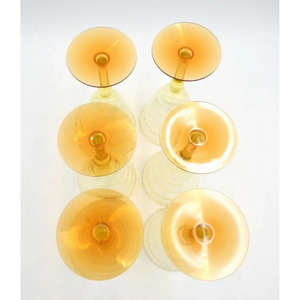 Utility Glass Works Cambodia Ware Wine Water Goblet Vaseline Amber Foot S/6